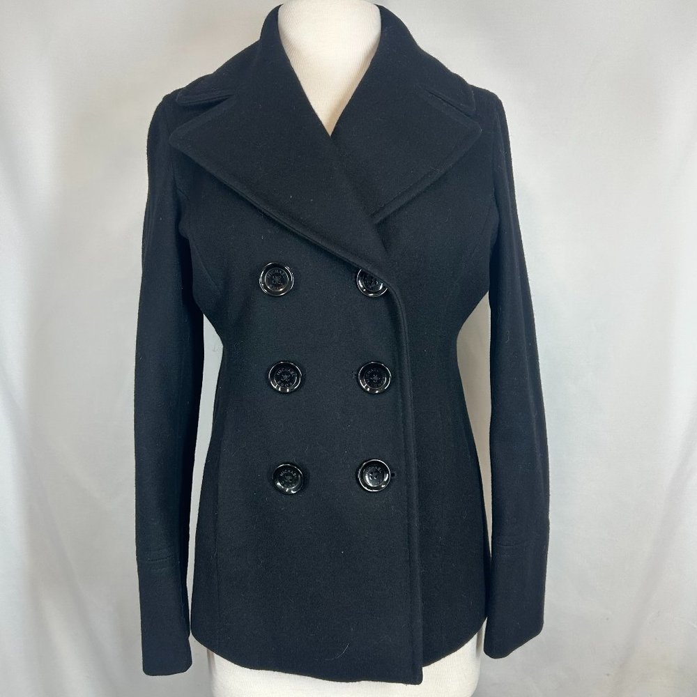 Michael Kors Black Wool Double Breasted Wide Lapel Pea Coat Sz S